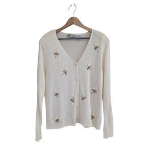 Vintage Delicate Floral Bow V-neckline Wool Blend Cardigan Women's Size M